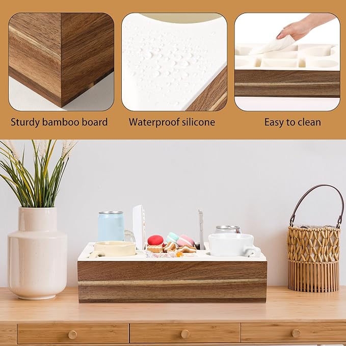 Yerliker Couch Cup Holder Tray, Silicone Couch Caddy Waterproof Anti-Spill Sofa Cup Holder for Sofa Bed Car Seat Organizer, Christmas Hold Mugs, Drinks, Snacks, Phones, Remotes(White,Acacia)-NeatNest