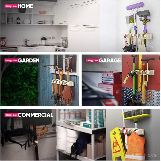 Berry Ave Broom Holder & Wall Mount Garden Tool Organizer- Kitchen, Closet, Garage & Laundry Room Storage With 5 Slots And 6 Hooks- Wall Holder For Broom, Rake & Mop Handles Up To 1.25” [Beige 2-Pack]-NeatNest