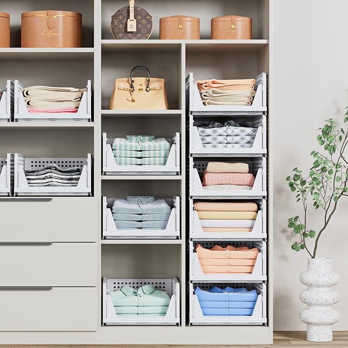 4 Pack Stackable Closet Storage Basket - Stackable Storage Bins, Multifunctional & Foldable Closet Organizer, Wardrobe Cupboard Space-Saving Clothes Storage Hat Organizer, White-NeatNest