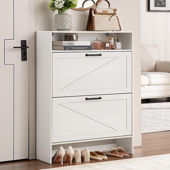 Shoe Storage Cabinet with 2 Flip Drawers,Farmhouse Narrow Shoe Organizer with Legs,Freestanding Hidden Slim Shoe Rack Cabinet with Open Storage for Entryway,Hallway, Foyer, White-NeatNest