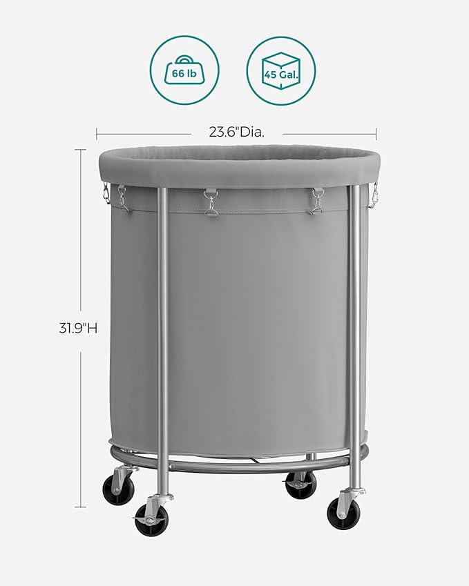 SONGMICS Laundry Basket with Wheels, Rolling Round Laundry Hamper Cart, 45 Gal. with Steel Frame and Removable Bag, 4 Casters and 2 Brakes, Gray and Metallic Silver URLS001G01