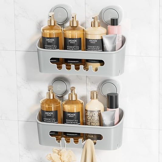 LEVERLOC Shower Caddy Suction Cup 2 Pack, Shower Organizer Removable Bathroom Shelf, Storage Suction Powerful Max Hold 22lbs Bathroom Caddy Waterproof Holder, Gray-NeatNest