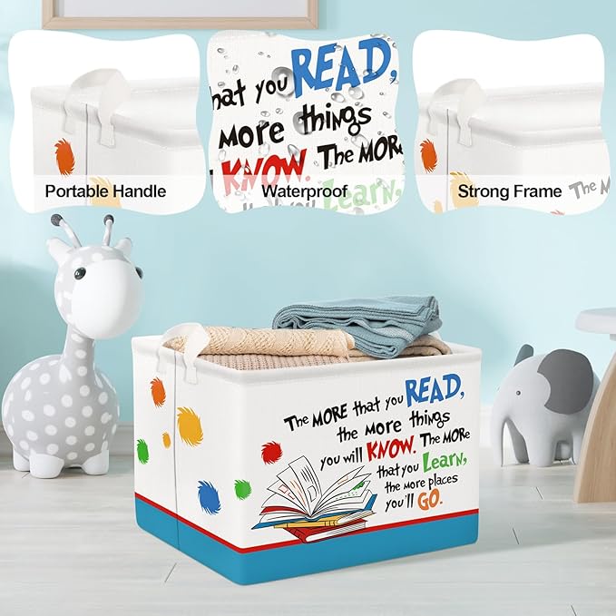Clastyle Collapsible Back to School Reading Book Storage Basket Dr Quotes Book Organizer for Nursery Room Classroom Library Rectangle Kindergarten Daycare Clothes Toys Storage Bin-NeatNest