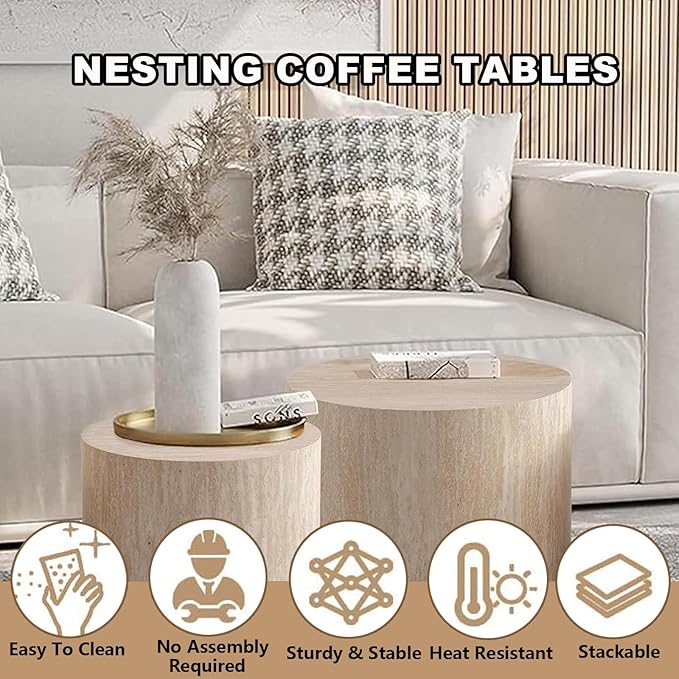 Nesting Coffee Table Set of 2 Modern Small Round Coffee Table and End Table Sets Wooden Drum Side Tables Circle Accent Center Tables for Living Room Apartment,No Assembly,Travertine