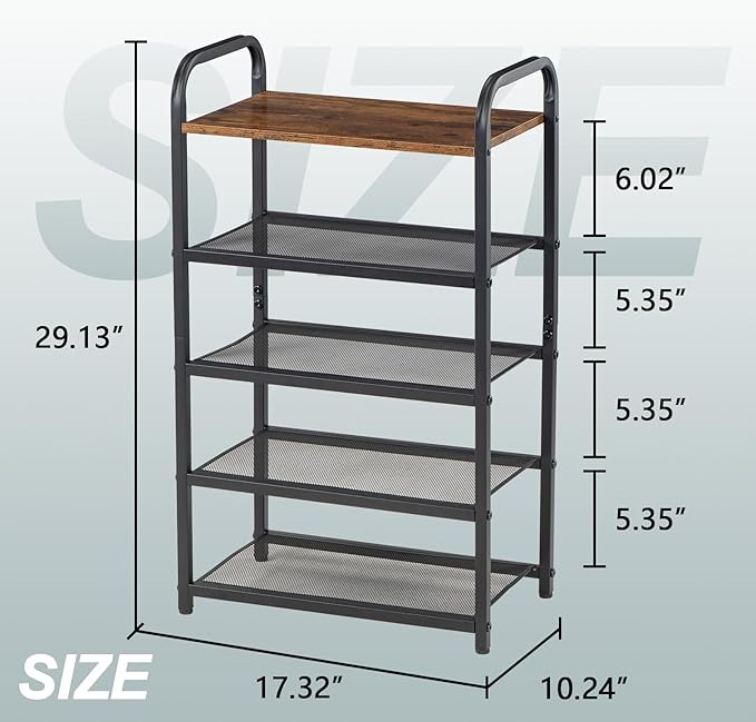 5-Tier Shoe Rack, with Heavy-Duty Metal Grid, Rustic Wooden Top, & Metal Guardrails - Transform Your Space with Style and Functionality Living Room, Kitchen, Bedroom, Garage, & Bathroom-NeatNest