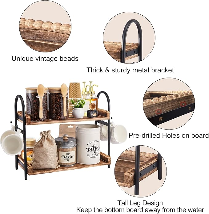 Coffee Bar Accessories, 2-Tier Coffee Bar Organizer with 4 Coffee Cup Holder Hooks, Mul-tifunctional Wooden Beaded Coffee Station Countertop Stand Shelf for Kitchen Home Office-NeatNest
