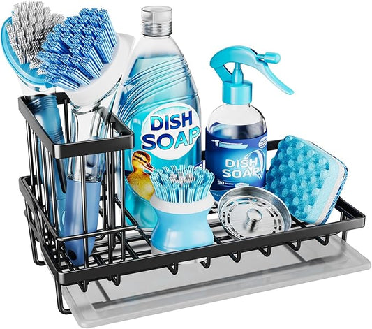 Consumest Sink Caddy, Kitchen Sponge Holder with Dish Brush Holder, Kitchen Sink Organizer with Drip Tray for Countertop Stainless Steel Rustproof, Black-Large-NeatNest