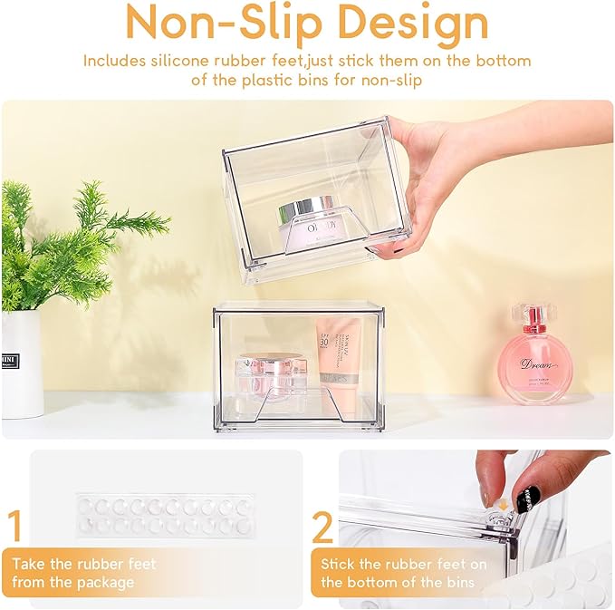 2 Pack Stackable Makeup Organizer, 4.4'' Tall Acrylic Bathroom Organizer and Storage Drawers, Clear Plastic Drawer Storage Bins For Vanity, Undersink, Cabinets, Pantry-NeatNest