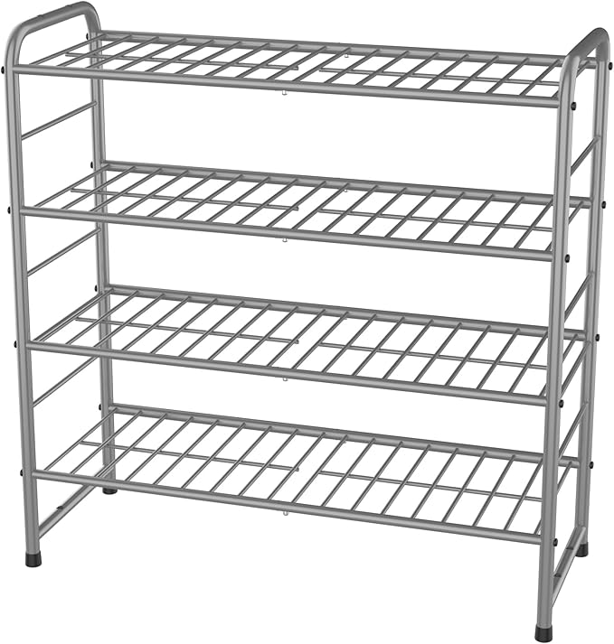 4-Tier Stackable Shoe Rack,Expandable & Adjustable Shoe Organizer Storage Shelf,High Capacity,Wire Grid,Silver-NeatNest