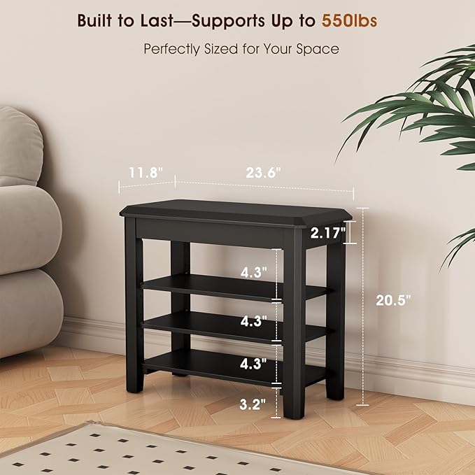 Shoe Rack Bench Seat Rubberwood 3-Tier Wooden Storage Bench 550lbs Compact Mid-Century Modern Design for Entryway, Hallway, Closet, Front Door Entrance, Foyer-NeatNest