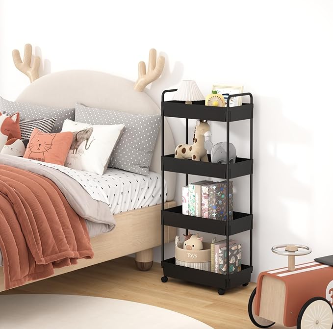 3-Tier Storage Cart，Shelf Organizer Mobile Shelving ，Utility Rolling Cart，Multifunction Movable Storage Organizer with Lockable Wheels,Black-NeatNest