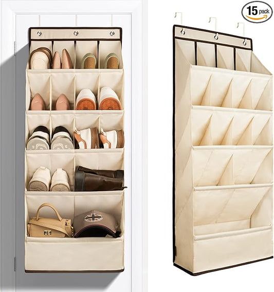 FENTEC 1 Pack Over the Door Shoe Organizers, Hanging Shoe Organizer with Large Deep Pocket Shoe Holder for Closet Shoe Rack for Wall, Over Door Shoe Storage Hold up to 18 Pairs Shoe, Beige-NeatNest