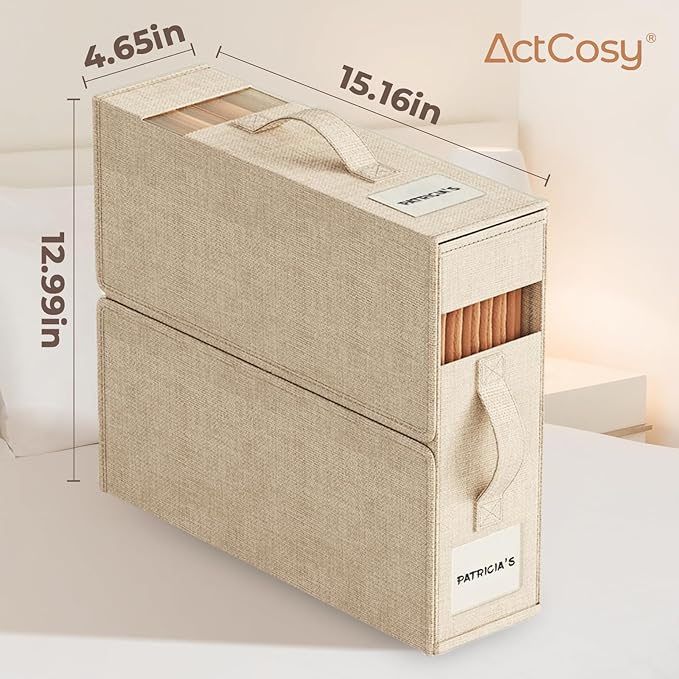 12Pack Sheet Organizers and Storage with Handles – Foldable Linen Closet Storage for King & Queen Sheet Sets – Clear Window & Removable Labels – Dustproof & Space-Saving Design, Beige-NeatNest
