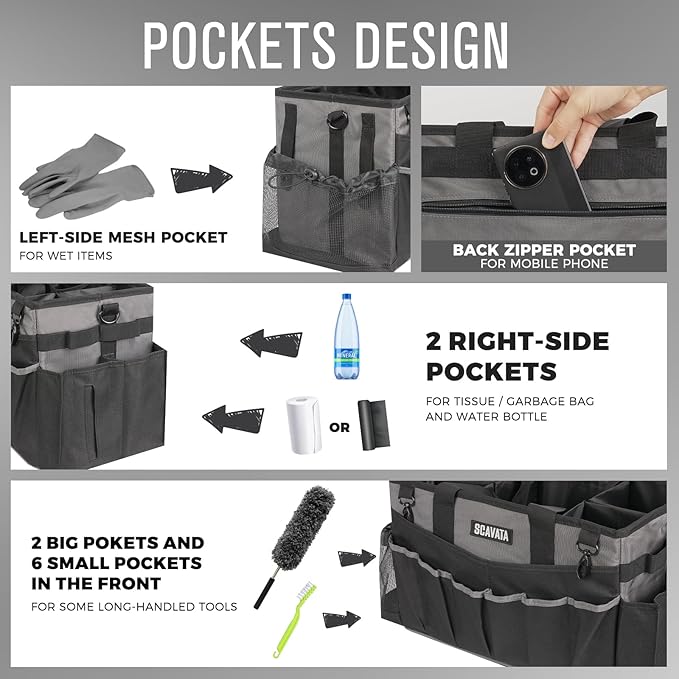 Wearable Cleaning Caddy Bag, Cleaning Caddy Supplies Organizer with Handle & Shoulder Straps for Housekeepers, Under Sink & Car Cleaning Tool Organizers with 4 Foldable Divider (DarkGrey)