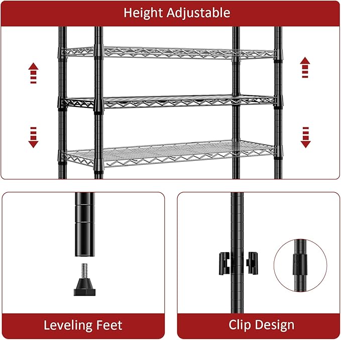 IZEUK 4 Tier Steel Storage Shelves, Heavy Duty Metal Shelf Wire Shelving Rack for Pantry, Kitchen, Living Room, or Office Organization (11.8" D x 25.6" W x 45.5" H, 1000LBS, Black)