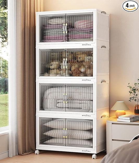 320Qt Stackable Storage Bins with Lid, Extra Large Closet Organizer Collapsible Drawer Boxes with Wheels, Folding Plastic Cabinet Containers for Home Kitchen Room Organization, 4Pack White