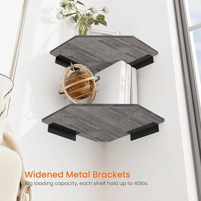 Homode Corner Shelf Wall Mount, Set of 2 Corner Floating Shelves with Cord Hole for TV, Cable Box, Wood Hanging Storage Shelf Organizer for Bathroom Kitchen Living Room Bedroom, Rustic Grey-NeatNest