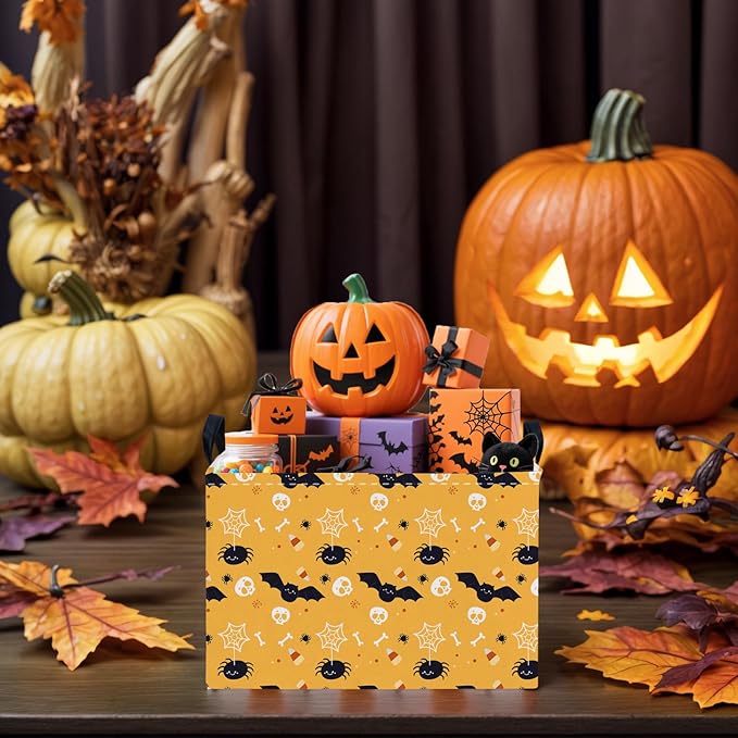 Halloween Basket Gift Cute Pumpkin Ghost Parties Decor Kid Trick or Treat Basket for Boys and Girls Rectangular Storage Bin Box (Bat Spider)-NeatNest