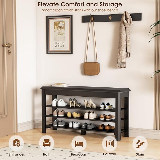 Shoe Rack Bench Seat Rubberwood 3-Tier Wooden Storage Bench 550lbs Compact Mid-Century Modern Design for Entryway, Hallway, Closet, Front Door Entrance, Foyer-NeatNest