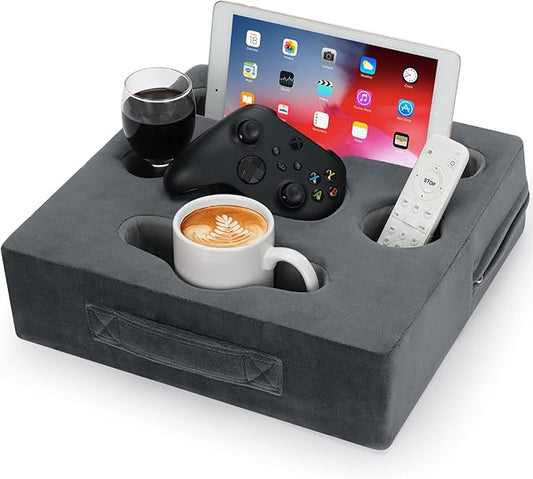 STBoo Couch Cup Holder Pillow - Sofa Drink Cup Holder Cozy Buddy | Bed Caddy Organizer Holds Remote, Snacks, Phones, Tablet | Waterproof Anti-Spill Sofa Beverage Tray for Car, Beach, RV, Boat (Grey)-NeatNest