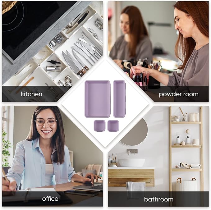 32 Pcs Desk Drawer Organizer Office Organization Tray Versatile Vanity Organizer with Nonslip Pads Makeup for Divider Drawer Storage Box Container for Kitchen Bedroom(Purple)