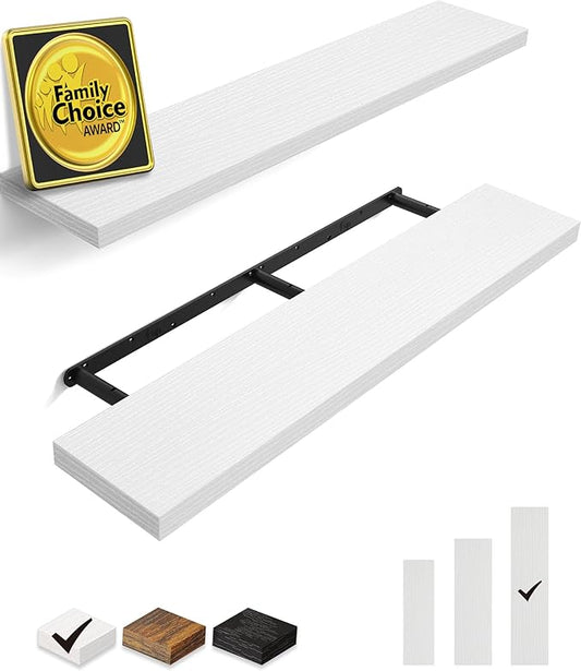 BAYKA Floating Shelves, 48 inches Long Heavy Duty Wall Mounted Rustic Wood Shelves for Bathroom, Bedroom, Living Room, Kitchen, Office, Hanging Shelf for Books/Storage/Decor(White,Set of 2)-NeatNest
