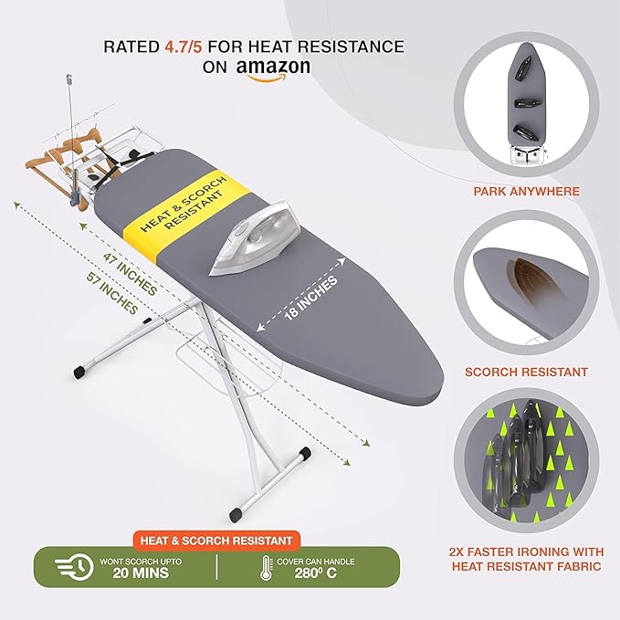 Xabitat Full Size Ironing Board 57" X 18" with Wall Mount Hanger, Full Metal Construction Iron Board, Built in Iron Caddy, Heat & Scorch Resistant Fabric, Cord Holder, Anti-Skid Feet, Heavy Duty