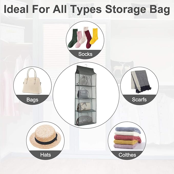 Closet Handbag Purse Holder, Space Saving Hanging Handbag Storage Tote Bag Organizer Holder with 4 Large Heavy-Duty Mesh Shelves for Wardrobe Closet(Pack of 2 Gray)-NeatNest