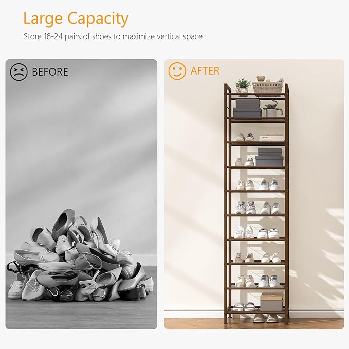 usikey 10 Tiers Narrow Shoe Rack 20-30 Pairs, Sturdy Metal Tall Shoe Rack Shelf with 4 Hooks, Slim Shoe Storage with Metal Shelf, Space Saving Vertical Shoe Organizer for Entryway, Closets,Bronze