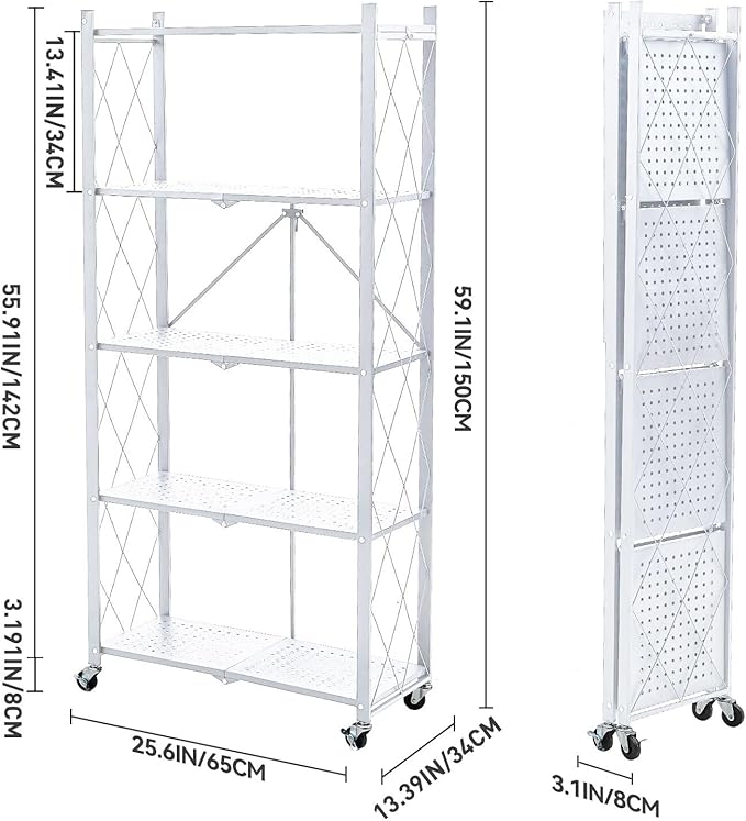 BRIAN & DANY 5-Tier Foldable Storage Shelves with Wheels, Folding Metal Rack Shelving Unit, Heavy Duty No Assembly Organizer Shelf for Garage, Kitchen, Basement, Pantry, White-NeatNest