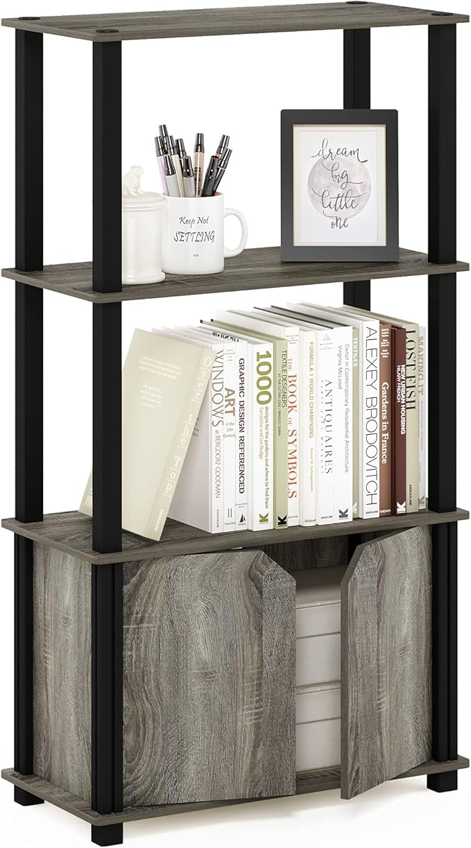 Furinno Brahms 4-Tier Multipurpose Bookcase/Bookshelf/Display Shelf/Display Rack with Door, French Oak Grey/Black-NeatNest