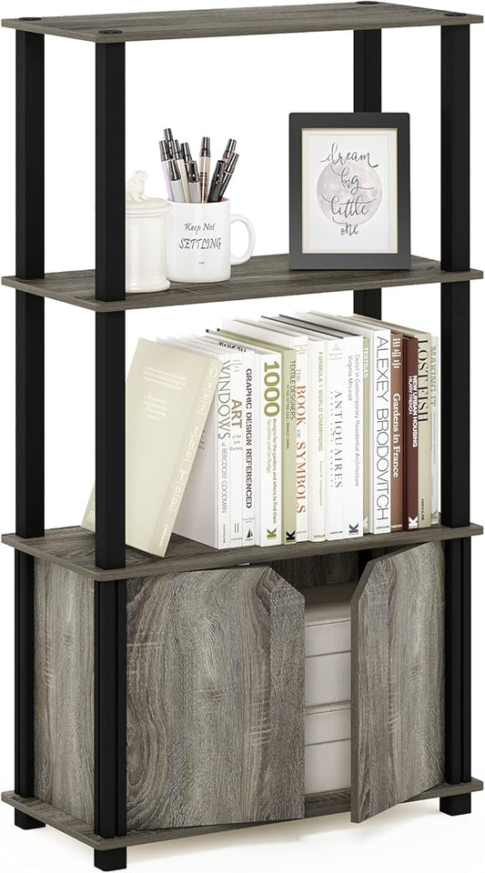 Furinno Brahms 4-Tier Multipurpose Bookcase/Bookshelf/Display Shelf/Display Rack with Door, French Oak Grey/Black-NeatNest