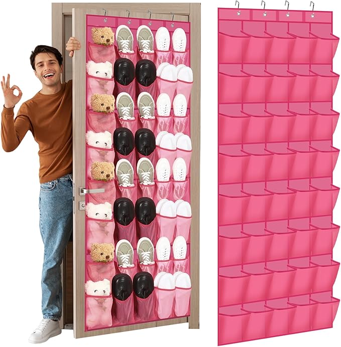 Windyun 40 Over the Door Shoe Organizer Large Mesh Pocket Hanging Shoe Rack for Closet Rose Red Nonslip Behind Door Storage Holder Back to School Organizer for Dorm Room College Classroom Storage-NeatNest