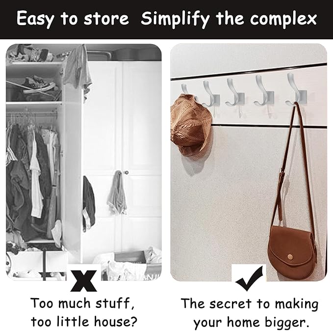 2 Pack Towel Holder for Bathroom Wall Hooks, Bath Towel Rack Shower Towel Holder, Robe Hook Heavy Duty Coat Hooks Entryway Wall Mounted for Hanging Key Robe Hat Backpack (Silver)