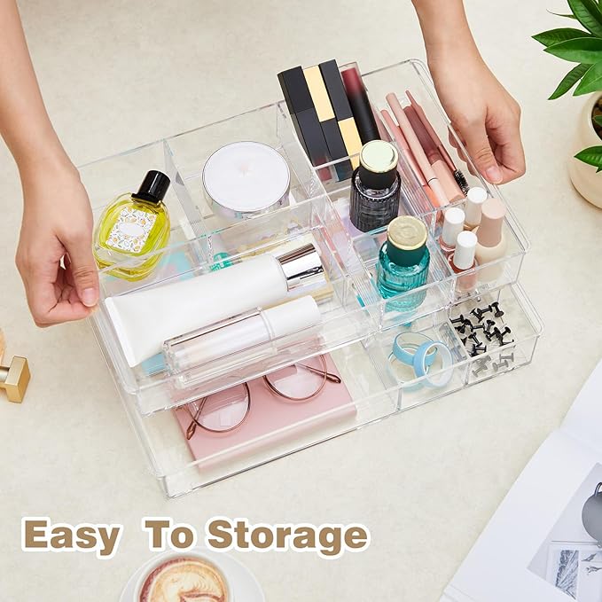 3 Pack Stackable Clear Drawer Organizer Trays 13.7" x 8.7" x 2" Plastic Acrylic Drawer Divider for Desk with 8 Compartments for Pens Paper Clips Sticky Notes Office Bathroom Arrangement