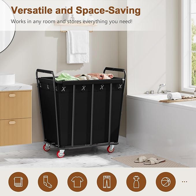 Hoctieon Large Laundry Cart with Wheels, 400L Heavy Duty Laundry Basket Organizer, Rolling Hamper Sorter for Clothes Storage, Industrial Dirty Clothes Hamper for Home & Hotel, Black-NeatNest