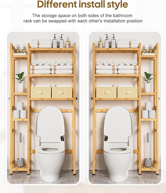 Homde Over The Toilet Storage with Basket and Drawer, Bamboo Bathroom Organizer with Adjustable Shelf & Waterproof Feet Pad, Space Saver Rack for Restroom, Laundry,Natural-NeatNest