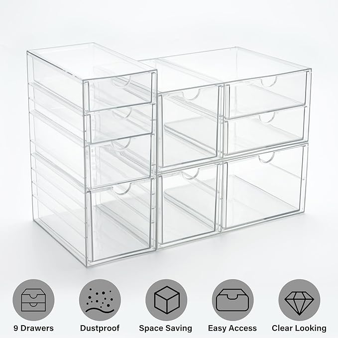 Prsildan Acrylic Drawer Makeup Organizer with 9 Drawers, Set of 3 Office Desk Organizers Accessories, Clear Stackable Storage Drawers for Vanity, Countertop, Craft, Jewelry, Art Supply Organization-NeatNest