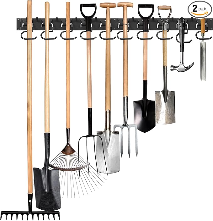 34 Inch Garden Tool Organizer Wall Mount with Non Slip Rubber Coated Metal Hooks, Storage Rack for Indoor/Outdoor Shovel, Rake, Mop and Broom Holder Wall Mount （ 10 Hooks+10 Holders-NeatNest