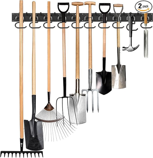 34 Inch Garden Tool Organizer Wall Mount with Non Slip Rubber Coated Metal Hooks, Storage Rack for Indoor/Outdoor Shovel, Rake, Mop and Broom Holder Wall Mount （ 10 Hooks+10 Holders-NeatNest