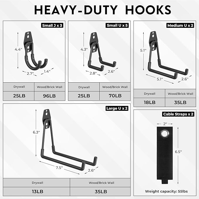 BONTEC Heavy Duty Garage Hooks, Anti-Slip Coated Black Steel with Strong Load Capacity, Multi-Sized U and J Hooks, Easy Wall Mount for Garage, Garden, Workshop (Black, 14 Pack)-NeatNest