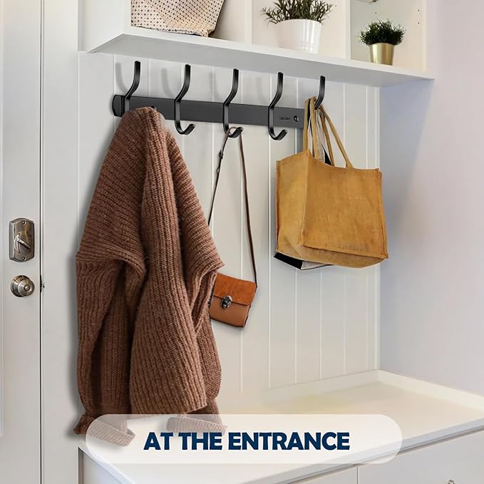 2 Pack 5 Two-Hooks Coat Rack Wall Mounted - Thickened 304 Stainless Steel Coat Hooks, 16 Inches Rustproof Hook Rack Wall Mount, Anti-Sliding Towel Hooks, Holding up to 44 lbs, Matte Black