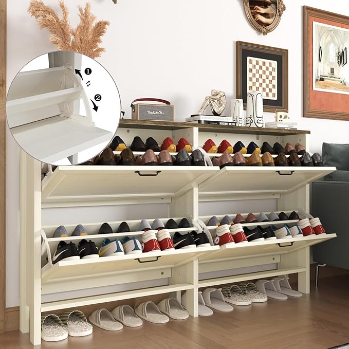Shoe Cabinet with 4 Flip Drawers, Narrow Shoe Storage Cabinet, Freestanding Shoe Cabinet Organizer, Hidden Shoe Rack Cabinet for Entryway, Hallway (4-Drawers, Off White-Brown)-NeatNest