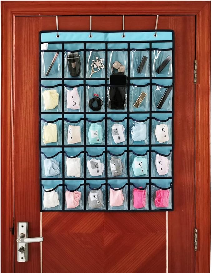 Classroom Pocket Chart for Phone Calculator Holder Over The Door Hanging Closet Jewelry Organizer with 30 Clear Pockets (Blue)-NeatNest