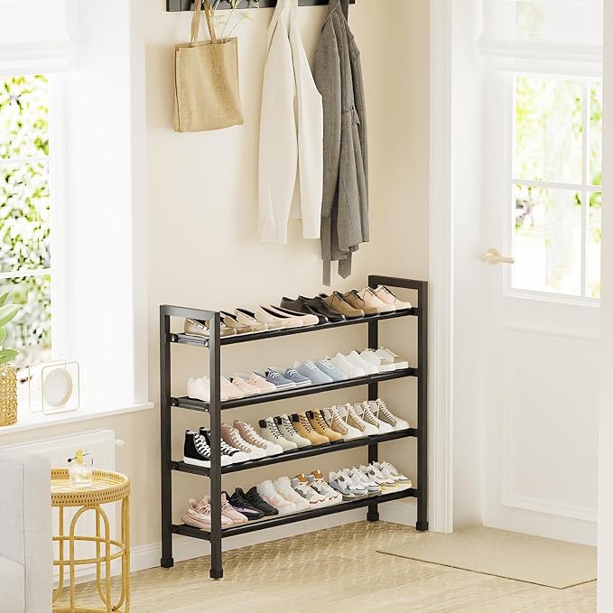 Mavivegue Expandable Shoe Rack, 4-Tier 19"-43.3" Adjustable Shoe Rack for Closet,Hall Entryway,Front Door,Garage, Sturdy Steel Space-Saving Rack, Black-NeatNest
