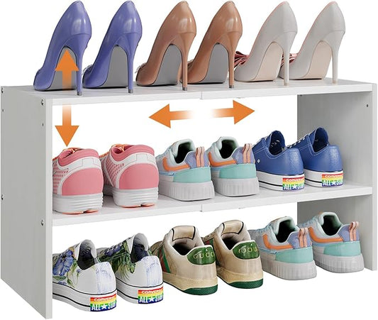 X-cosrack 2-Tier Shoe Rack Organizer for Closet, Expandable and Adjustable White Shoe Rack, Stackable Iron Wood Combination Shoe Storage Shelves for Closets, Entryway, Small Space, Hallway, Garage-NeatNest