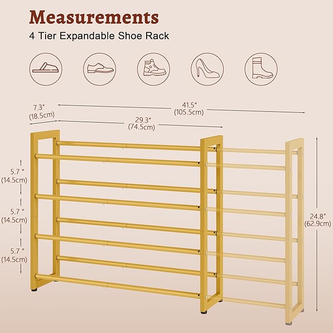 FAVOOSTY 4-Tier Expandable Shoe Rack, Adjustable Shoe Shelf Storage Organizer Space Saving Metal Free Standing Shoe Rack for Entryway Closet Doorway, Gold-NeatNest