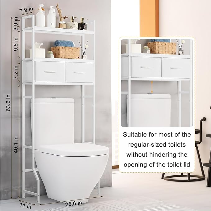 ETELI Over The Toilet Storage Cabinet with Fabric Drawers 3-Tier Over Toilet Bathroom Organizer Behind Toilet Bathroom Shelf Organizer with 4 Hooks Freestanding Bathroom Space Saver White
