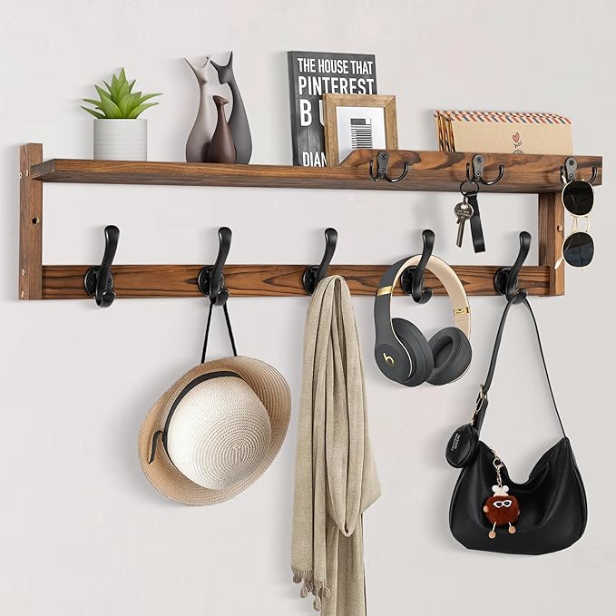 29'' Coat Rack Wall Mount with Shelf, Coat Hanger Wall Mount with Key Hooks and Mail Holder, Wood Entryway Floating Shelf with Hooks and Storage, Hat Rack for Wall Key Holder Mail Organizer