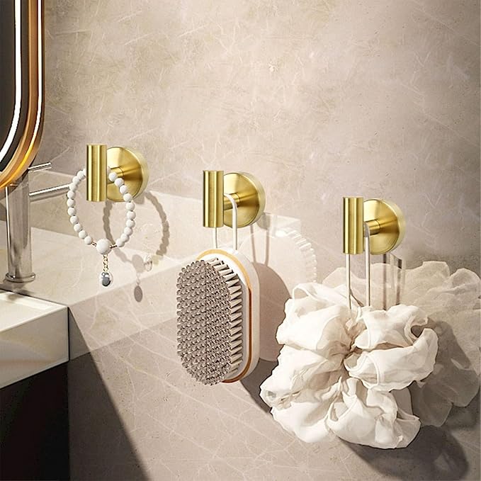 TocTen Towel Hook for Bathroom, 5 Pack Wall Mounted Robe Hook, SUS 304 Stainless Steel Coat Hook, Heavy Duty Door Hanger Towel Hook for Bathroom Kitchen Office and Cabinet(Brushed Gold, 5 Pack)